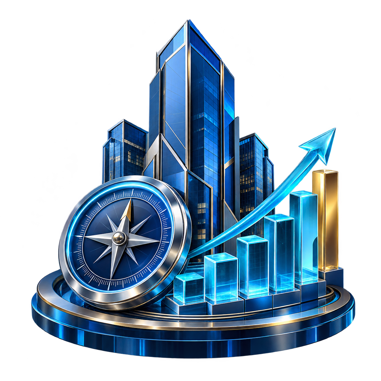 Corporate tower, compass and financial charts representing investment strategy